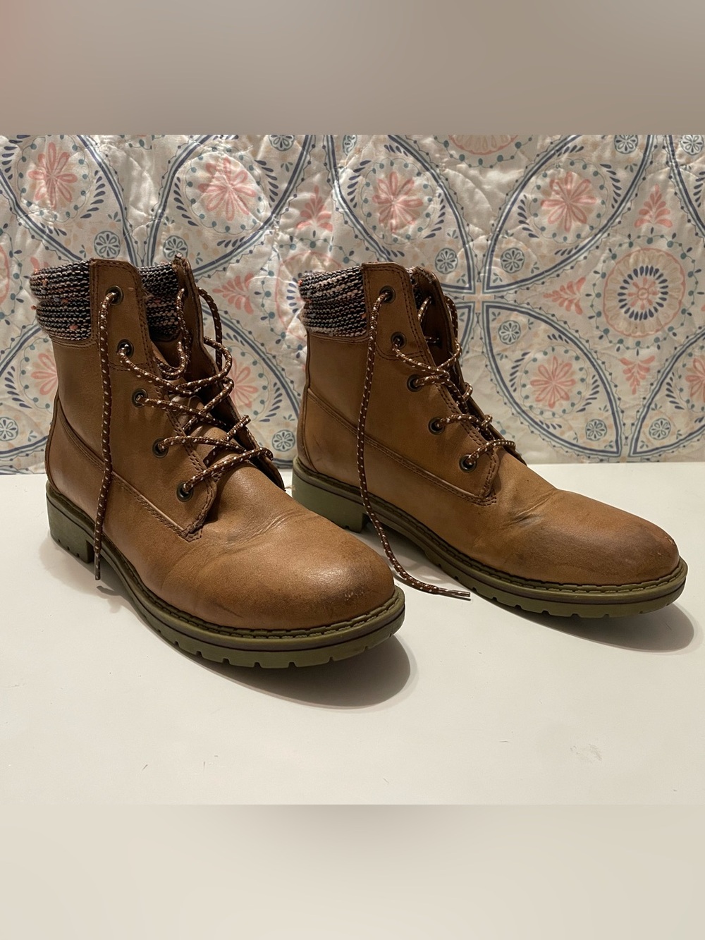Women’s Tan Combat Moto Boots with Knit Collar